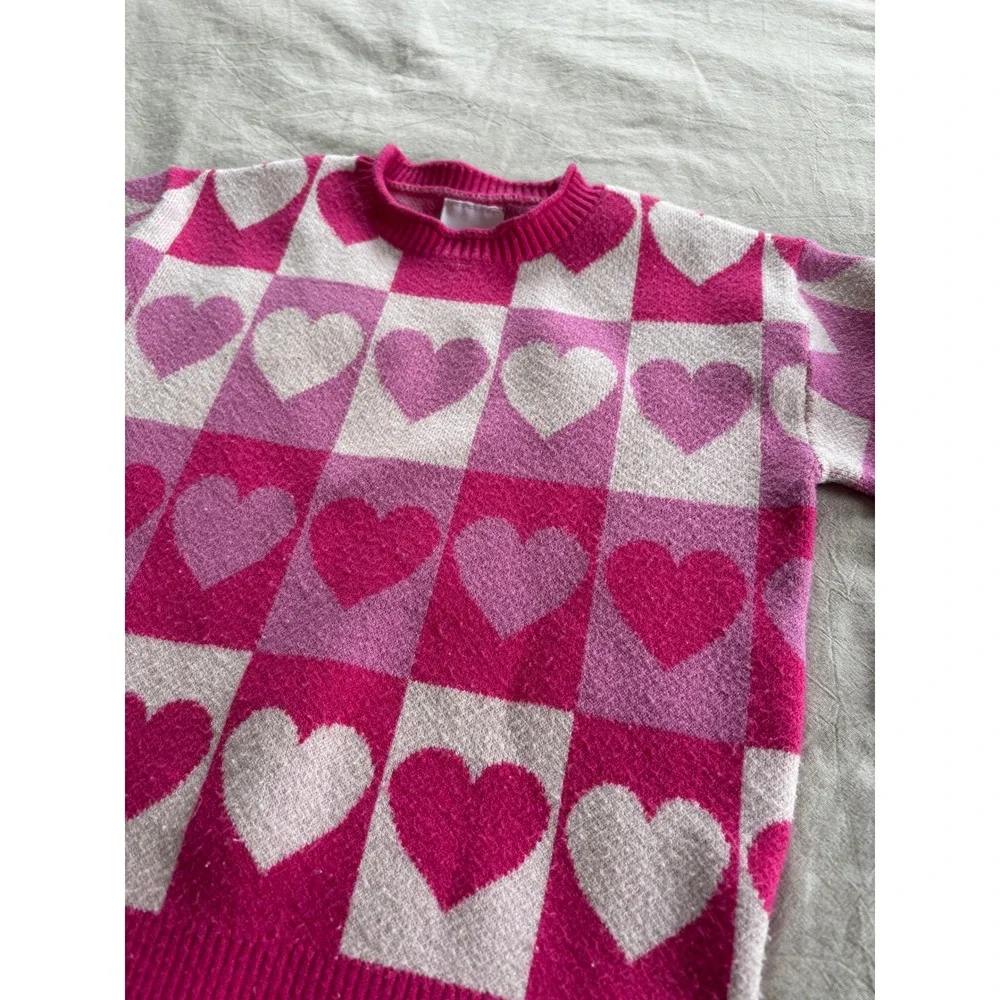 SALT‎ by Ideas Kids Pink Heart Checkerboard Knit Crewneck Sweater Size 1-2 Years